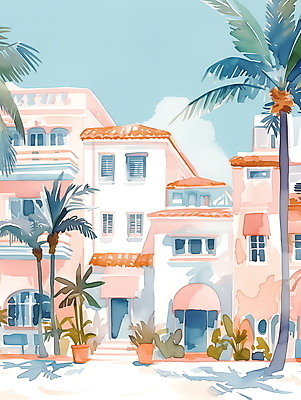 JPG 일러스트 휴가 휴식 열대 수채화 주택 풍경 사람없음 여름 야자수 평화 마을 그림 국내일러스트 AI일러스트 AI콘텐츠 나무 계절 컨셉 건물 파일형식