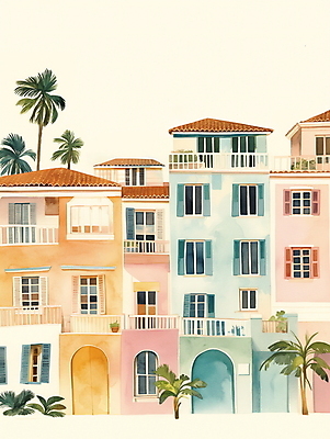 JPG 일러스트 휴가 휴식 열대 수채화 주택 풍경 사람없음 여름 야자수 평화 마을 그림 국내일러스트 AI일러스트 AI콘텐츠 나무 계절 컨셉 건물 파일형식