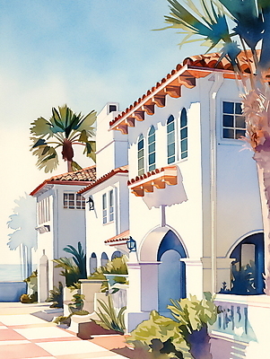 JPG 일러스트 휴가 휴식 열대 수채화 주택 풍경 해변 사람없음 여름 야자수 평화 마을 그림 국내일러스트 AI일러스트 AI콘텐츠 나무 계절 바다 컨셉 건물 파일형식