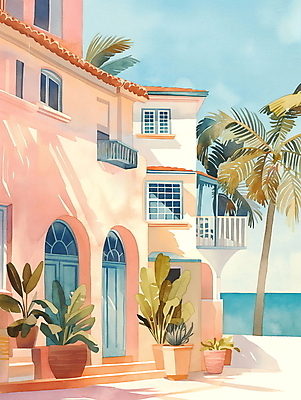 JPG 일러스트 휴가 휴식 열대 수채화 주택 풍경 해변 사람없음 여름 야자수 평화 마을 그림 국내일러스트 AI일러스트 AI콘텐츠 나무 계절 바다 컨셉 건물 파일형식