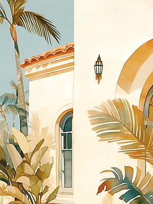 JPG 일러스트 휴가 휴식 열대 수채화 주택 풍경 사람없음 여름 야자수 평화 마을 그림 국내일러스트 AI일러스트 AI콘텐츠 나무 계절 컨셉 건물 파일형식