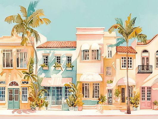 JPG 일러스트 휴가 휴식 열대 수채화 주택 풍경 사람없음 여름 야자수 평화 마을 그림 국내일러스트 AI일러스트 AI콘텐츠 나무 계절 컨셉 건물 파일형식