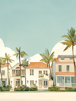 JPG 일러스트 휴가 휴식 열대 수채화 주택 풍경 사람없음 여름 야자수 평화 마을 그림 국내일러스트 AI일러스트 AI콘텐츠 나무 계절 컨셉 건물 파일형식