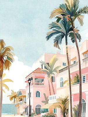 JPG 일러스트 휴가 휴식 열대 수채화 주택 풍경 해변 사람없음 여름 야자수 평화 마을 그림 국내일러스트 AI일러스트 AI콘텐츠 나무 계절 바다 컨셉 건물 파일형식