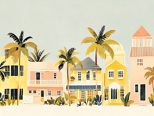 JPG 일러스트 휴가 휴식 열대 수채화 주택 풍경 사람없음 여름 야자수 평화 마을 그림 국내일러스트 AI일러스트 AI콘텐츠 나무 계절 컨셉 건물 파일형식