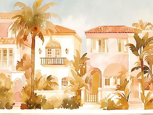 JPG 일러스트 휴가 휴식 열대 수채화 주택 풍경 사람없음 여름 야자수 평화 마을 그림 국내일러스트 AI일러스트 AI콘텐츠 나무 계절 컨셉 건물 파일형식