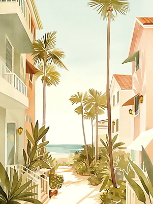 JPG 일러스트 휴가 휴식 열대 수채화 주택 풍경 해변 사람없음 여름 야자수 평화 마을 그림 국내일러스트 AI일러스트 AI콘텐츠 나무 계절 바다 컨셉 건물 파일형식
