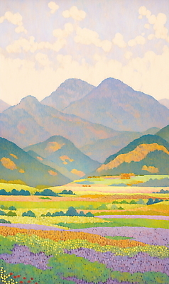 JPG 백그라운드 꽃밭 일러스트 자연 산 풍경 사람없음 소풍 봄 풀 국내일러스트 AI일러스트 AI콘텐츠 식물 계절 꽃 야외활동 생태계 파일형식