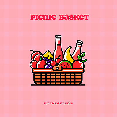 아이콘 음료 분홍색 잎 포도 수박 바나나 사람없음 소풍 체리 병 사과 소풍바구니 2D아이콘 AI파일 식물 식기 컬러 과일 야외활동 바구니 파일형식 벡터