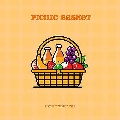 아이콘 잎 딸기 포도 바나나 사람없음 소풍 주황색 병 사과 오렌지주스 자몽 풋사과 소풍바구니 2D아이콘 AI파일 식물 식기 컬러 과일 야외활동 바구니 과일주스 파일형식 벡터