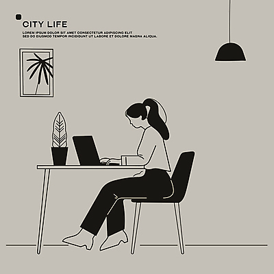 전신 식물 여자 화분 액자 의자 일러스트 전등 실내 한명 앉기 성인 일상 라이프 노트북 회색 업무 집중 책상 드로잉 성인여자한명만 국내일러스트 AI파일 1 컬러 가구 컨셉 모션 조명 미술 사람 내부 생활 전자제품 작업 여자한명만 성인여자만 파일형식 벡터