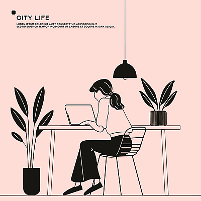 전신 식물 여자 화분 분홍색 의자 일러스트 전등 실내 한명 앉기 성인 일상 라이프 노트북 집중 책상 드로잉 재택근무 성인여자한명만 국내일러스트 AI파일 1 컬러 가구 컨셉 비즈니스 모션 조명 미술 사람 내부 생활 전자제품 여자한명만 성인여자만 파일형식 벡터