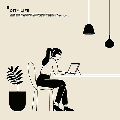 전신 식물 여자 화분 의자 일러스트 전등 실내 한명 앉기 성인 일상 라이프 노트북 평화 집중 책상 드로잉 베이지색 성인여자한명만 국내일러스트 AI파일 1 컬러 가구 컨셉 모션 조명 미술 사람 내부 생활 전자제품 여자한명만 성인여자만 파일형식 벡터