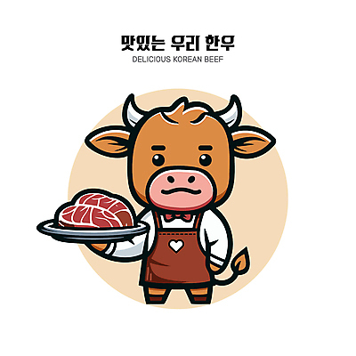 한마리 접시 허리손 일러스트 의인화 들기 사람없음 갈색 귀여움 앞치마 황소 서빙 한우 소캐릭터 국내일러스트 AI파일 1 식기 컬러 동물캐릭터 포즈 컨셉 모션 소고기 소 파일형식 벡터