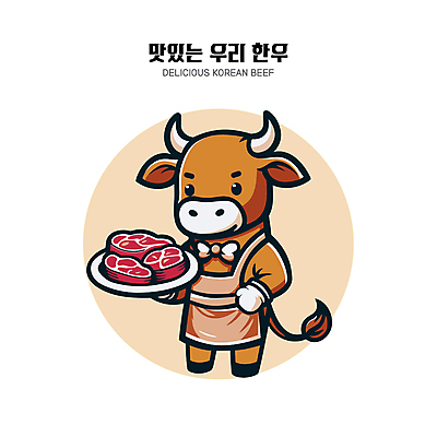 한마리 접시 허리손 일러스트 의인화 들기 사람없음 갈색 귀여움 앞치마 황소 서빙 한우 소캐릭터 국내일러스트 AI파일 1 식기 컬러 동물캐릭터 포즈 컨셉 모션 소고기 소 파일형식 벡터