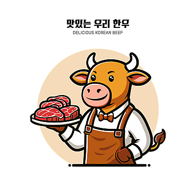 한마리 접시 허리손 일러스트 의인화 들기 사람없음 갈색 귀여움 앞치마 황소 서빙 한우 소캐릭터 국내일러스트 AI파일 1 식기 컬러 동물캐릭터 포즈 컨셉 모션 소고기 소 파일형식 벡터