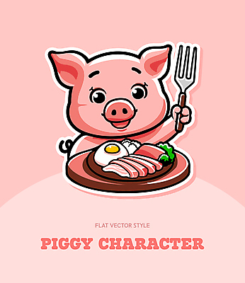 한마리 접시 포크 채소 일러스트 육류 웃음 들기 사람없음 계란프라이 받침대 돼지캐릭터 흰밥 국내일러스트 AI파일 1 식기 동물캐릭터 식재료 모션 밥 표정 돼지 계란요리 파일형식 벡터