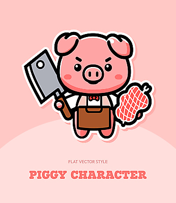 한마리 리본 셔츠 일러스트 뼈 육류 들기 사람없음 앞치마 돼지캐릭터 식칼 국내일러스트 AI파일 1 동물캐릭터 상의 식재료 모션 주방용품 돼지 파일형식 벡터