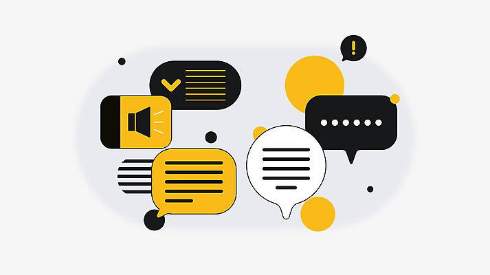 말풍선 일러스트 비즈니스 커뮤니케이션 사람없음 노란색 원형 메시지 느낌표 볼륨 체크표시 심플 메신저 소셜미디어 국내일러스트 AI파일 도형 기호 컬러 확인 파일형식 벡터