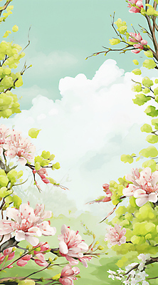 JPG 구름 잎 일러스트 봄꽃 하늘 프레임 꽃나무 사람없음 나뭇가지 합성 카피스페이스 국내일러스트 AI일러스트 AI콘텐츠 자연요소 나무 식물 꽃 봄 공백 파일형식