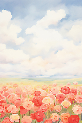 JPG 구름 꽃밭 일러스트 봄꽃 하늘 수채화 풍경 사람없음 장미 국내일러스트 AI일러스트 AI콘텐츠 자연요소 꽃 봄 파일형식