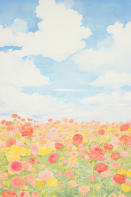 JPG 구름 꽃밭 일러스트 봄꽃 하늘 수채화 풍경 사람없음 장미 국내일러스트 AI일러스트 AI콘텐츠 자연요소 꽃 봄 파일형식
