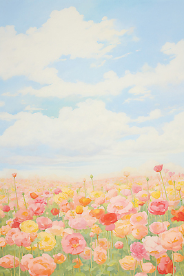 JPG 구름 꽃밭 일러스트 봄꽃 하늘 수채화 풍경 사람없음 장미 국내일러스트 AI일러스트 AI콘텐츠 자연요소 꽃 봄 파일형식