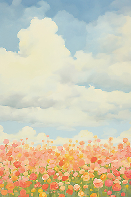 JPG 구름 꽃밭 일러스트 봄꽃 하늘 수채화 풍경 사람없음 장미 국내일러스트 AI일러스트 AI콘텐츠 자연요소 꽃 봄 파일형식