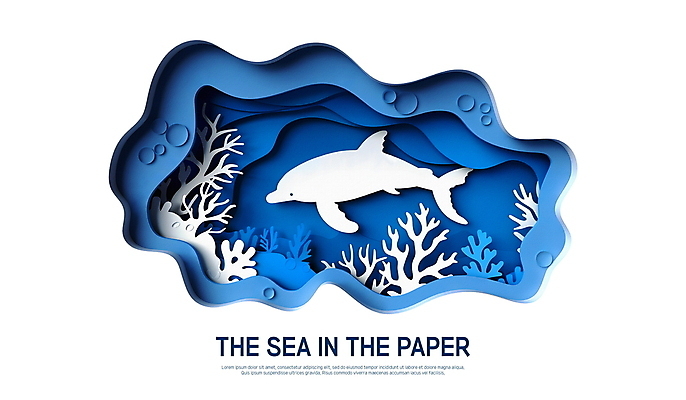 PSD 편집이미지 종이 물결 그림자 사람없음 파란색 바닷속 산호초 페이퍼아트 돌고래 질감 물기포 이미지편집 컬러 포유류 수중 수중동물 수중식물 파일형식