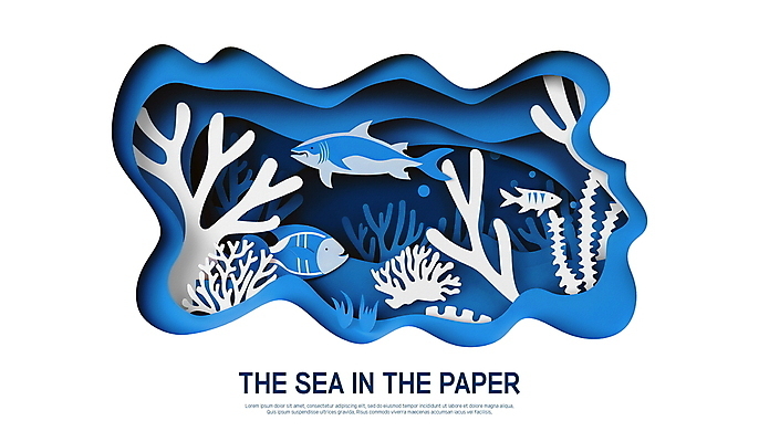PSD 편집이미지 종이 물결 그림자 어류 사람없음 파란색 바닷속 산호초 페이퍼아트 질감 물기포 이미지편집 컬러 수중 수중동물 수중식물 파일형식