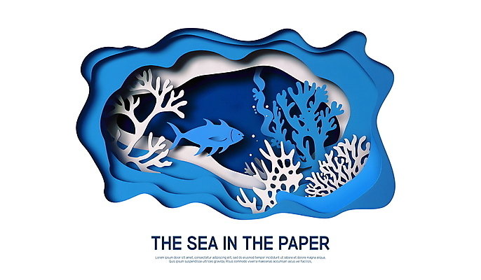 PSD 편집이미지 종이 물결 그림자 어류 사람없음 파란색 바닷속 산호초 페이퍼아트 질감 물기포 이미지편집 컬러 수중 수중동물 수중식물 파일형식