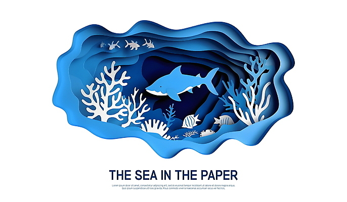 PSD 편집이미지 종이 물결 그림자 사람없음 파란색 바닷속 산호초 페이퍼아트 질감 상어 물고기떼 이미지편집 컬러 어류 수중 수중식물 파일형식
