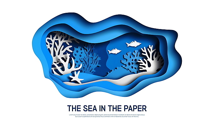 PSD 편집이미지 종이 물결 그림자 어류 사람없음 파란색 바닷속 산호초 페이퍼아트 질감 이미지편집 컬러 수중 수중동물 수중식물 파일형식