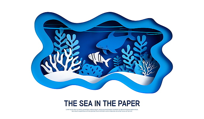 PSD 편집이미지 종이 물결 그림자 사람없음 파란색 바닷속 산호초 페이퍼아트 질감 상어 이미지편집 컬러 어류 수중 수중식물 파일형식