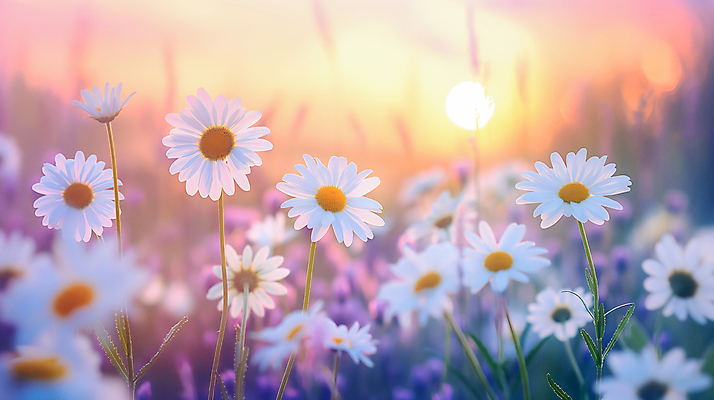 JPG 편집이미지 백그라운드 꽃밭 자연 사람없음 햇빛 노을 봄 풀 데이지 편집실사 AI포토 AI콘텐츠 자연요소 식물 계절 꽃 태양 CG 생태계 파일형식