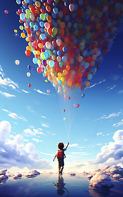 JPG 전신 편집이미지 남자 어린이 여행 배낭 하늘 한명 소년 반사 걷기 희망 꿈 자유 비행 잡기 수면 풍선 소년한명만 이미지편집 편집실사 AI컴퓨터그래픽 AI콘텐츠 1 감정 컨셉 가방 모션 사람 물 CG 남자한명만 소년만 파일형식