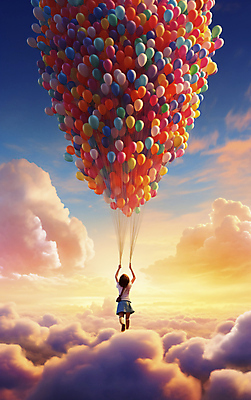 JPG 전신 편집이미지 여자 어린이 여행 하늘 한명 소녀 노을 희망 꿈 자유 비행 잡기 풍선 소녀만 이미지편집 편집실사 AI컴퓨터그래픽 AI콘텐츠 자연요소 1 감정 컨셉 모션 사람 CG 여자만 어린이만 파일형식