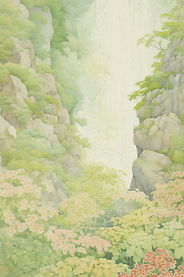 JPG 꽃 일러스트 자연 수채화 풍경 사람없음 연두색 계곡 폭포 바위 숲속 국내일러스트 AI일러스트 AI콘텐츠 식물 초록색 돌_바위 숲 생태계 파일형식