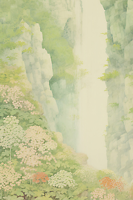 JPG 꽃 일러스트 자연 수채화 풍경 사람없음 연두색 계곡 폭포 바위 숲속 국내일러스트 AI일러스트 AI콘텐츠 식물 초록색 돌_바위 숲 생태계 파일형식