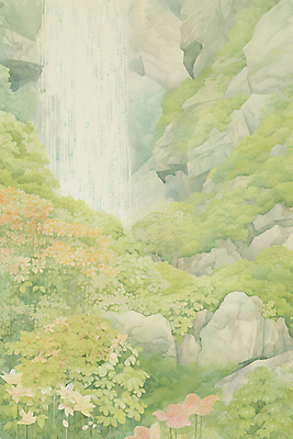 JPG 꽃 일러스트 자연 수채화 풍경 사람없음 연두색 계곡 폭포 바위 숲속 국내일러스트 AI일러스트 AI콘텐츠 식물 초록색 돌_바위 숲 생태계 파일형식