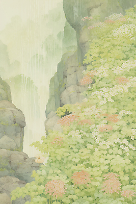 JPG 무료이미지 꽃 일러스트 자연 수채화 풍경 사람없음 연두색 계곡 폭포 바위 숲속 국내일러스트 AI일러스트 AI콘텐츠 식물 초록색 돌_바위 숲 생태계 파일형식 무료콘텐츠