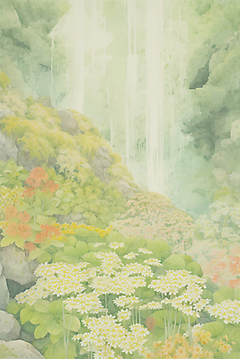JPG 꽃 일러스트 자연 수채화 풍경 사람없음 연두색 계곡 폭포 바위 숲속 국내일러스트 AI일러스트 AI콘텐츠 식물 초록색 돌_바위 숲 생태계 파일형식