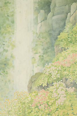 JPG 꽃 일러스트 자연 수채화 풍경 사람없음 연두색 계곡 폭포 바위 숲속 국내일러스트 AI일러스트 AI콘텐츠 식물 초록색 돌_바위 숲 생태계 파일형식