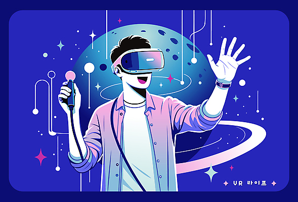 라이프스타일 남자 과학 일러스트 미래 정보기술 한명 웃음 상반신 성인 파란색 반짝임 우주 과학기술 즐거움 디지털산업 손뻗기 가상공간 가상현실 성인남자한명만 VR기기 국내일러스트 AI파일 1 감정 산업 컬러 컨셉 모션 기술 표정 사람 생활 디지털 기계 남자한명만 성인남자만 파일형식 벡터