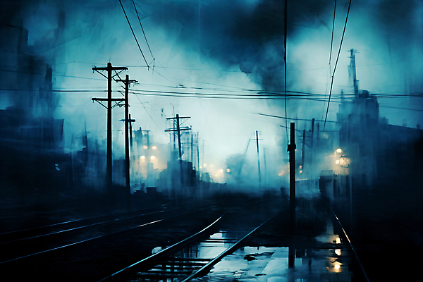 JPG 편집이미지 가로등 그림자 사람없음 파란색 빛 어둠 기찻길 전선 전봇대 번짐 우울감 이미지편집 편집실사 공공시설 감정 컬러 CG 파일형식 효과