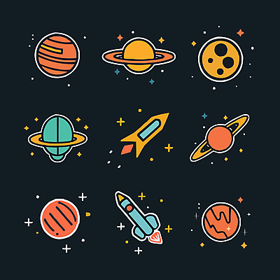 아이콘 별 사람없음 반짝임 세트 우주 행성 로켓 달 우주선 드로잉 2D아이콘 AI파일 자연요소 모션 미술 파일형식 벡터