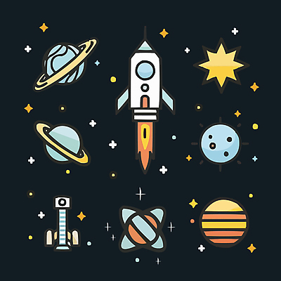 아이콘 별 사람없음 반짝임 세트 우주 행성 로켓 달 우주선 드로잉 2D아이콘 AI파일 자연요소 모션 미술 파일형식 벡터