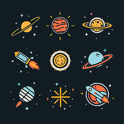 아이콘 별 사람없음 반짝임 세트 우주 행성 로켓 달 우주선 드로잉 2D아이콘 AI파일 자연요소 모션 미술 파일형식 벡터
