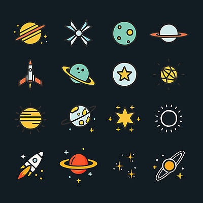 아이콘 별 사람없음 반짝임 세트 우주 행성 로켓 달 우주선 드로잉 2D아이콘 AI파일 자연요소 모션 미술 파일형식 벡터