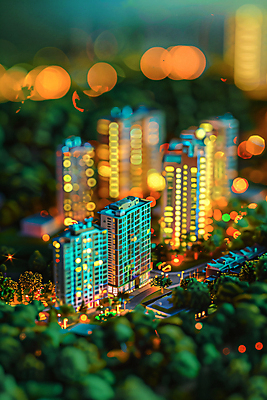 JPG 나무 편집이미지 야경 아파트 사람없음 빛 모형 어둠 미니어처 보케 편집실사 AI포토 AI콘텐츠 식물 주택 야간 CG 파일형식 풍경_경치